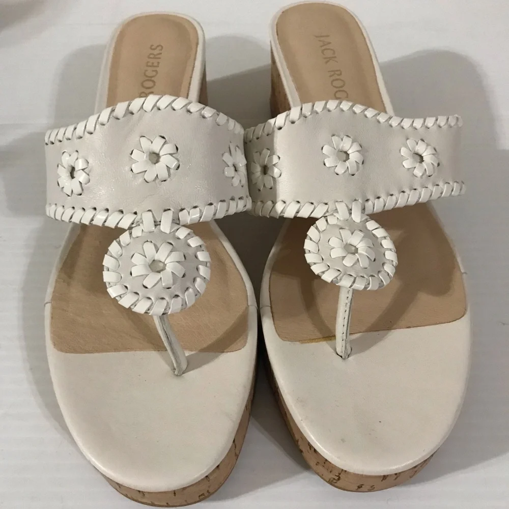 Nowt Jack Rogers White Leather Cork Wedge Sandals Whipstitch Thong Size 8.5M